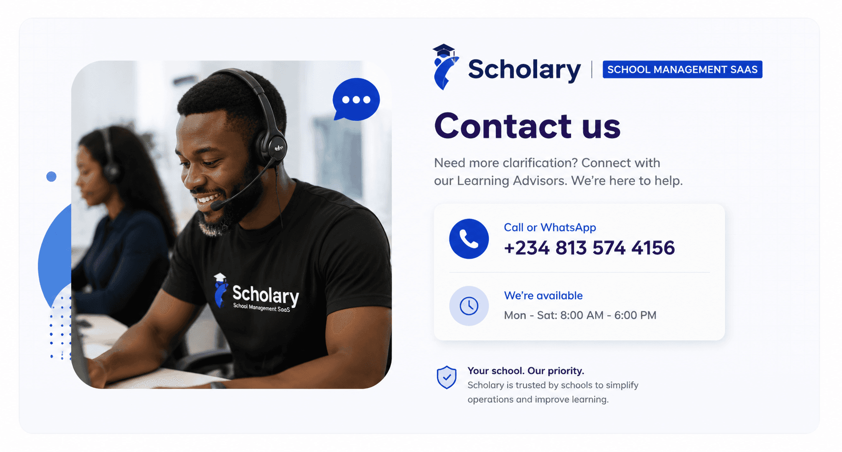Scholary contact support banner with call or WhatsApp details