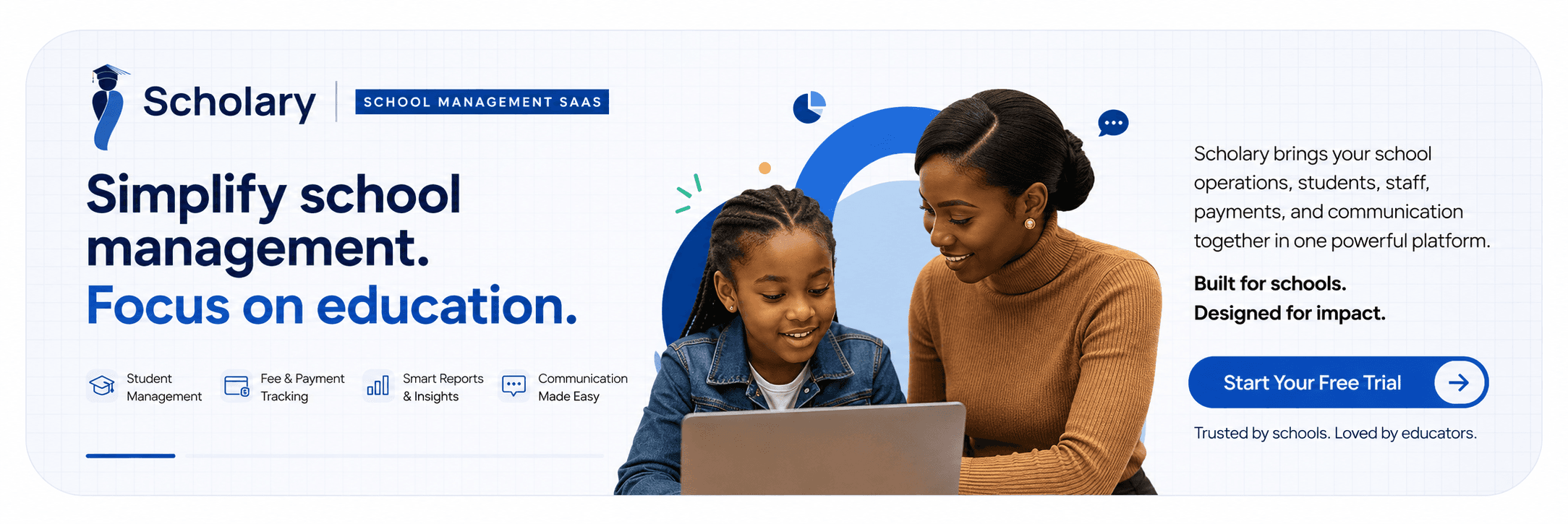 Scholary school management SaaS hero showing simplified school operations