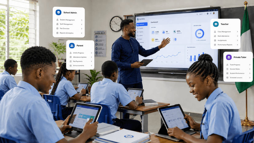 Modern Nigerian classroom using Scholary on tablets