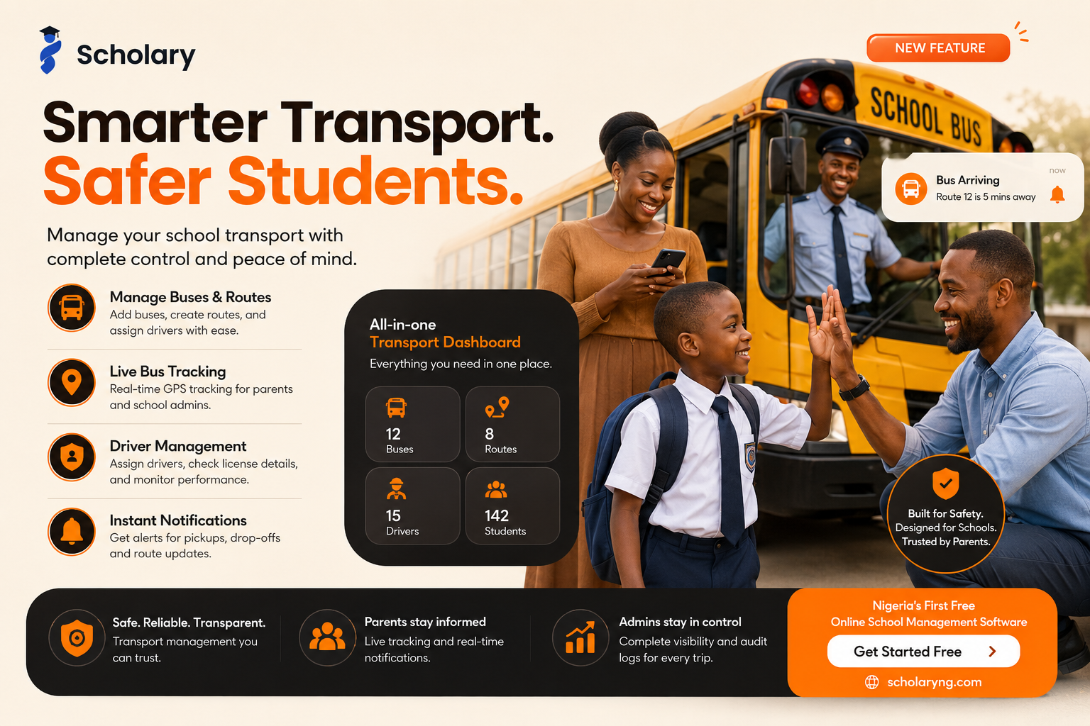 Family beside a school bus with Scholary transport controls
